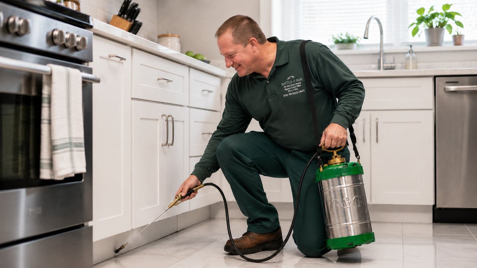 Battle A Bug technician performing ant inspection and treatment at a Long Island home