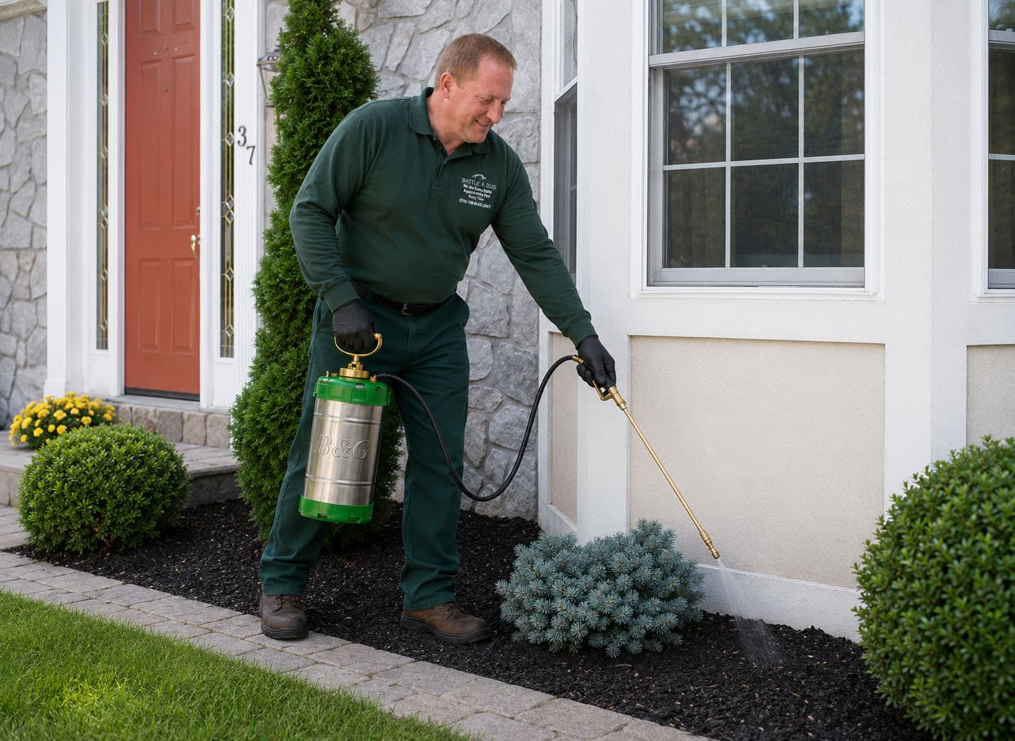 Battle A Bug technician applying exterior barrier treatment on Long Island home