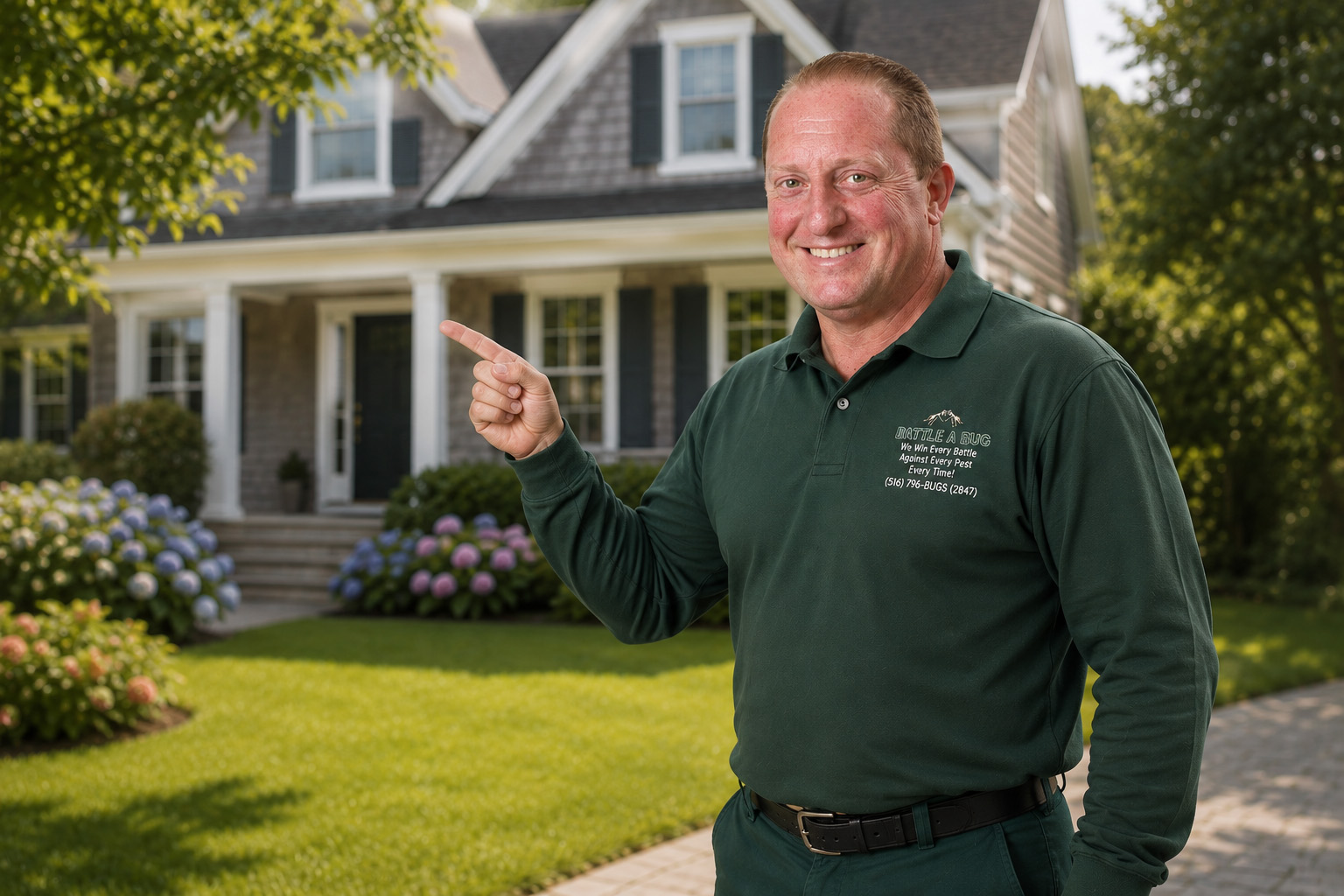 Battle A Bug pest control technician in front of a Long Island home