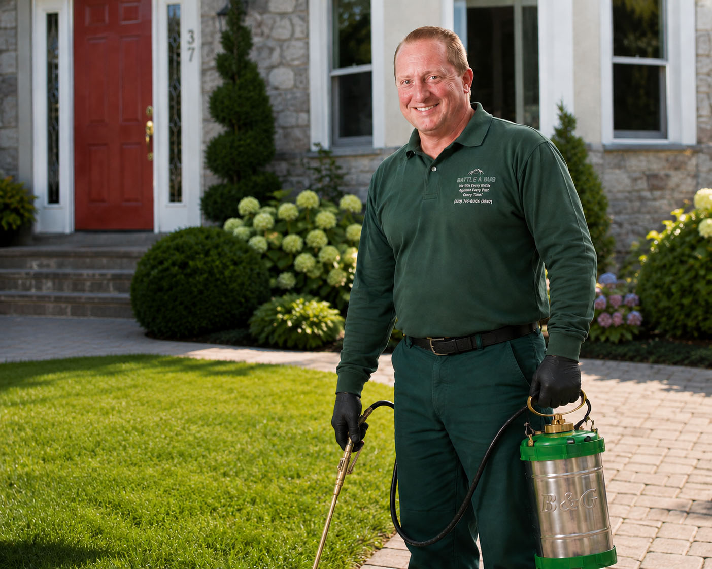 Battle A Bug technician applying exterior barrier treatment to a Nassau County home